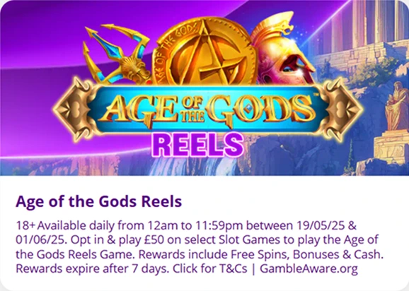 Age of the Gods Reels slot promo with coins and god