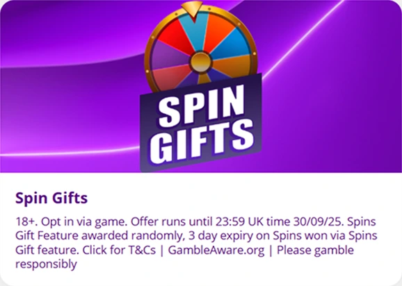 Spin Gifts promo with random rewards and purple wheel