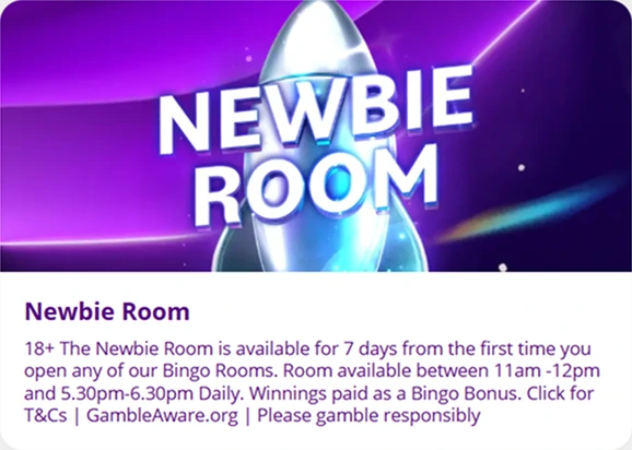 Newbie Room bingo promo with rocket background