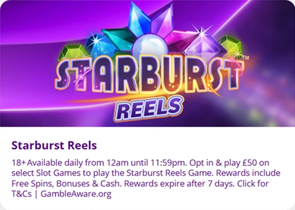 Starburst Reels slot promo with colorful gem star