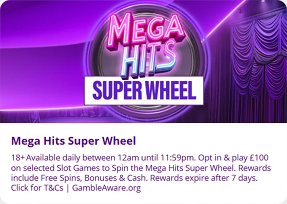 Mega Hits Super Wheel banner in purple theme