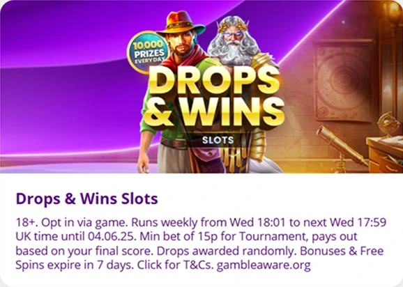 Drops & Wins slots promo with tournament prize