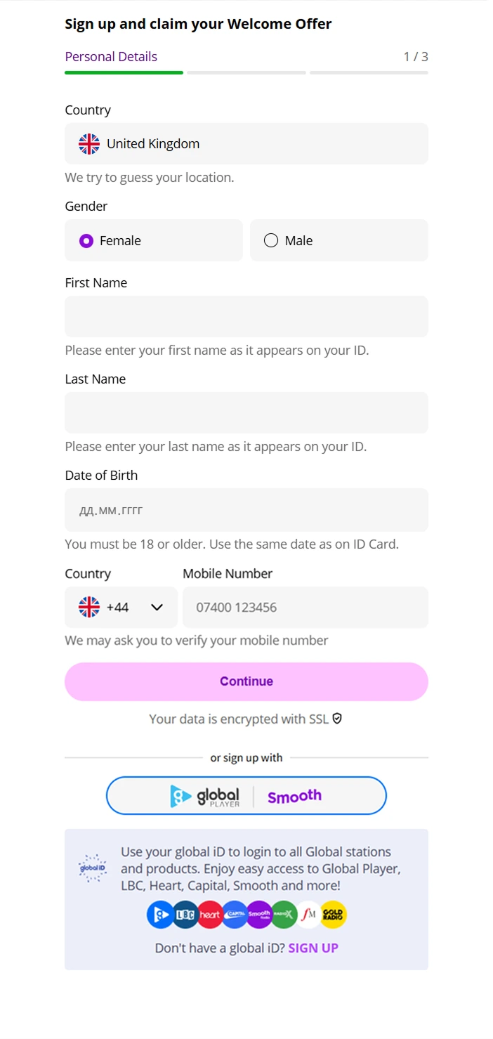 Smoothspins Casino registration step 1 with name and phone