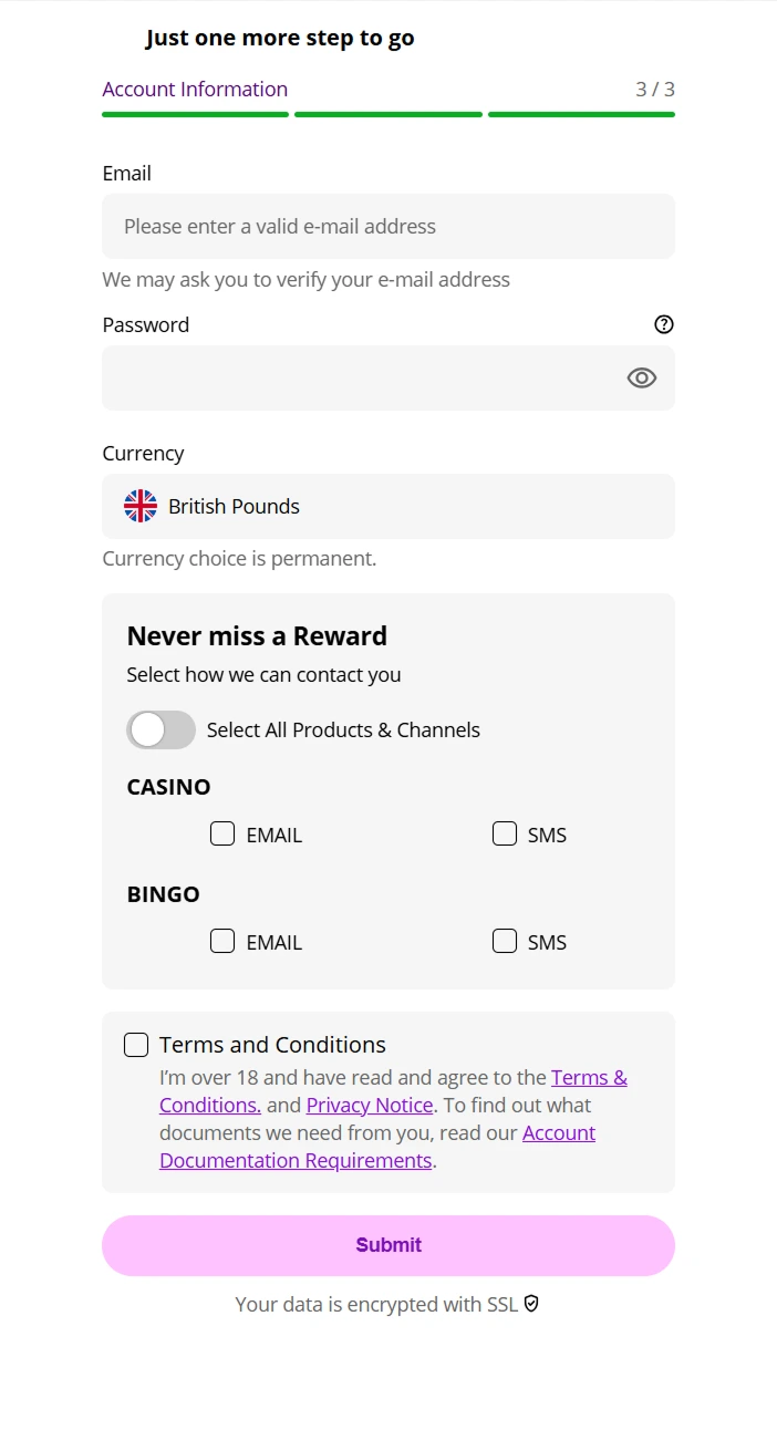 Smoothspins Casino registration final step with email and currency