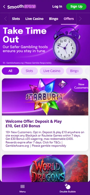 Mobile screen with safer gambling tools and Starburst promo