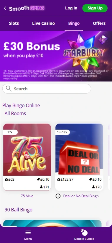 Mobile interface with live £30 bonus and bingo rooms